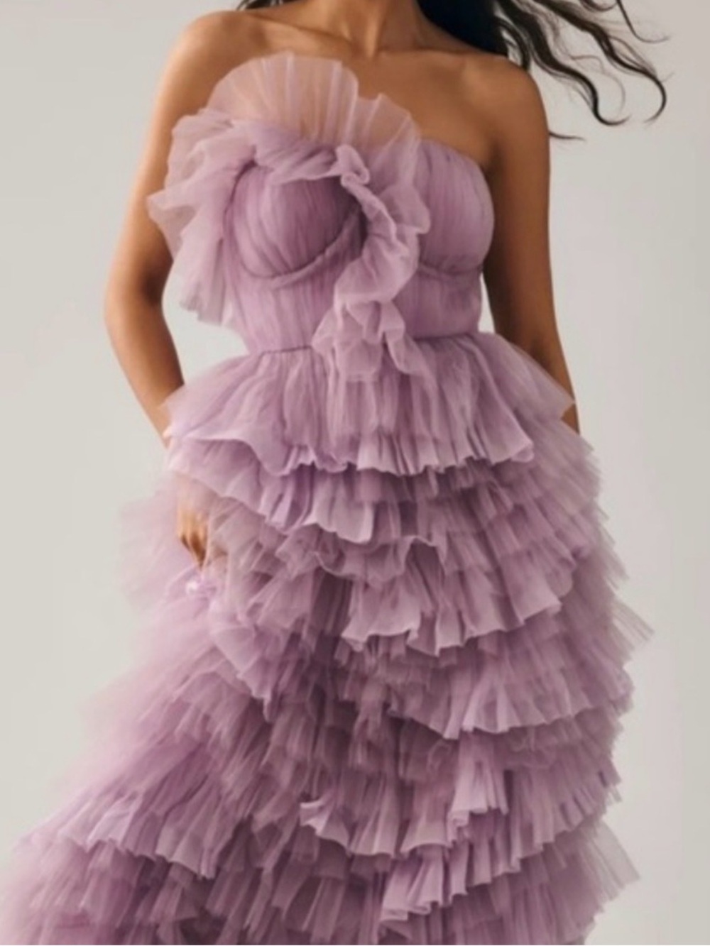 Anthropologie x Geisha Designs Lavender Strapless Ruffle Tulle Gown